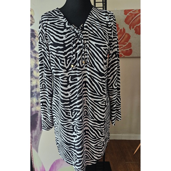 Michael Kors Zebra Print Lace Up Shift Dress Long Sleeve XL Stretch - Picture 1 of 9